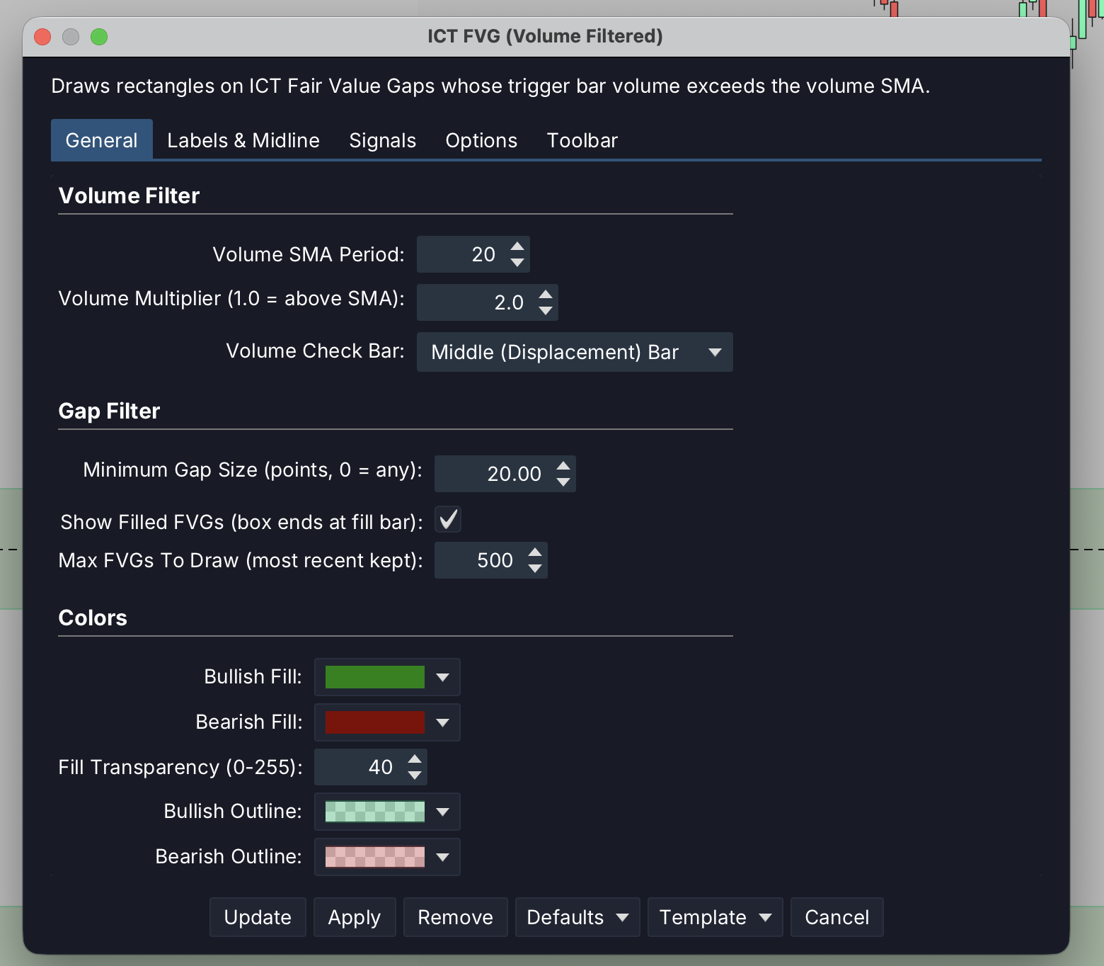 The study's settings panel showing the Volume Filter (SMA period, multiplier, and which of the three candles to volume-test), the Gap Filter (minimum gap size, show filled gaps, max gaps), and color controls.