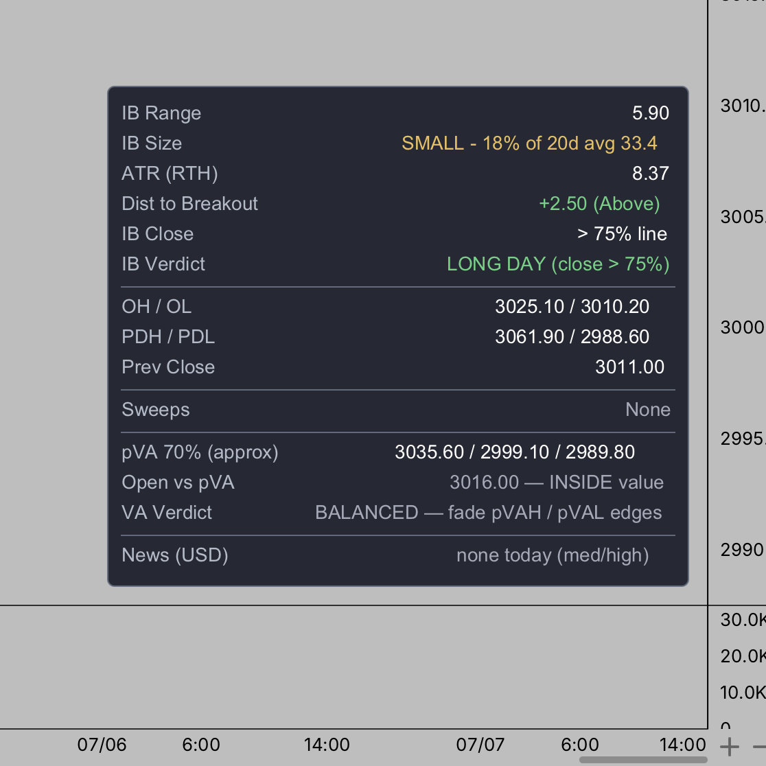 Close-up of the live data table showing IB Range, IB Size classified as SMALL versus the 20-day average, ATR, distance to breakout, IB verdict, overnight and prior-day levels, sweeps, prior value area, open versus value area, VA verdict, and a news row.